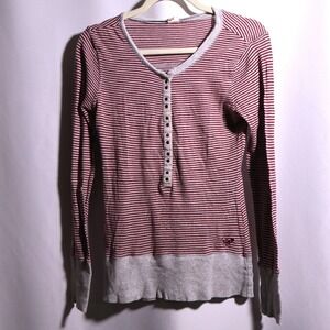 Roxy Long Sleeve Fitted Henley Top‎ Striped Maroon Gray L Y2K Bella Swan Skater